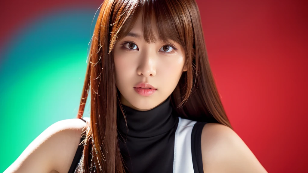 (detailed face),VIVID,pretty,sleeveless and turtle neck white silky clothes,4k ,super high resolution ,(photo-realistic: 1.7),red background,long hair,bangs,

