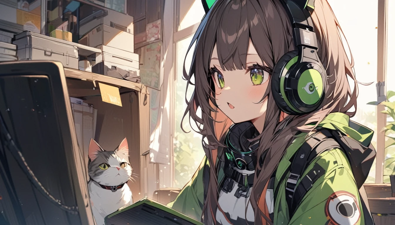 One beautiful girl、Wearing headphones。The cat is watching