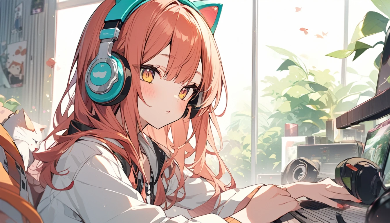 One beautiful girl、Wearing headphones。The cat is watching