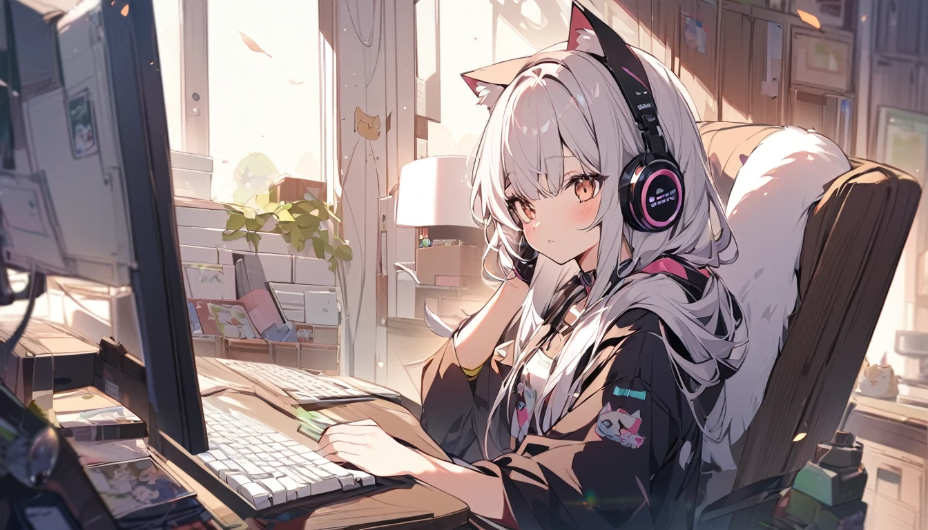 One beautiful girl、Wearing headphones。The cat is watching