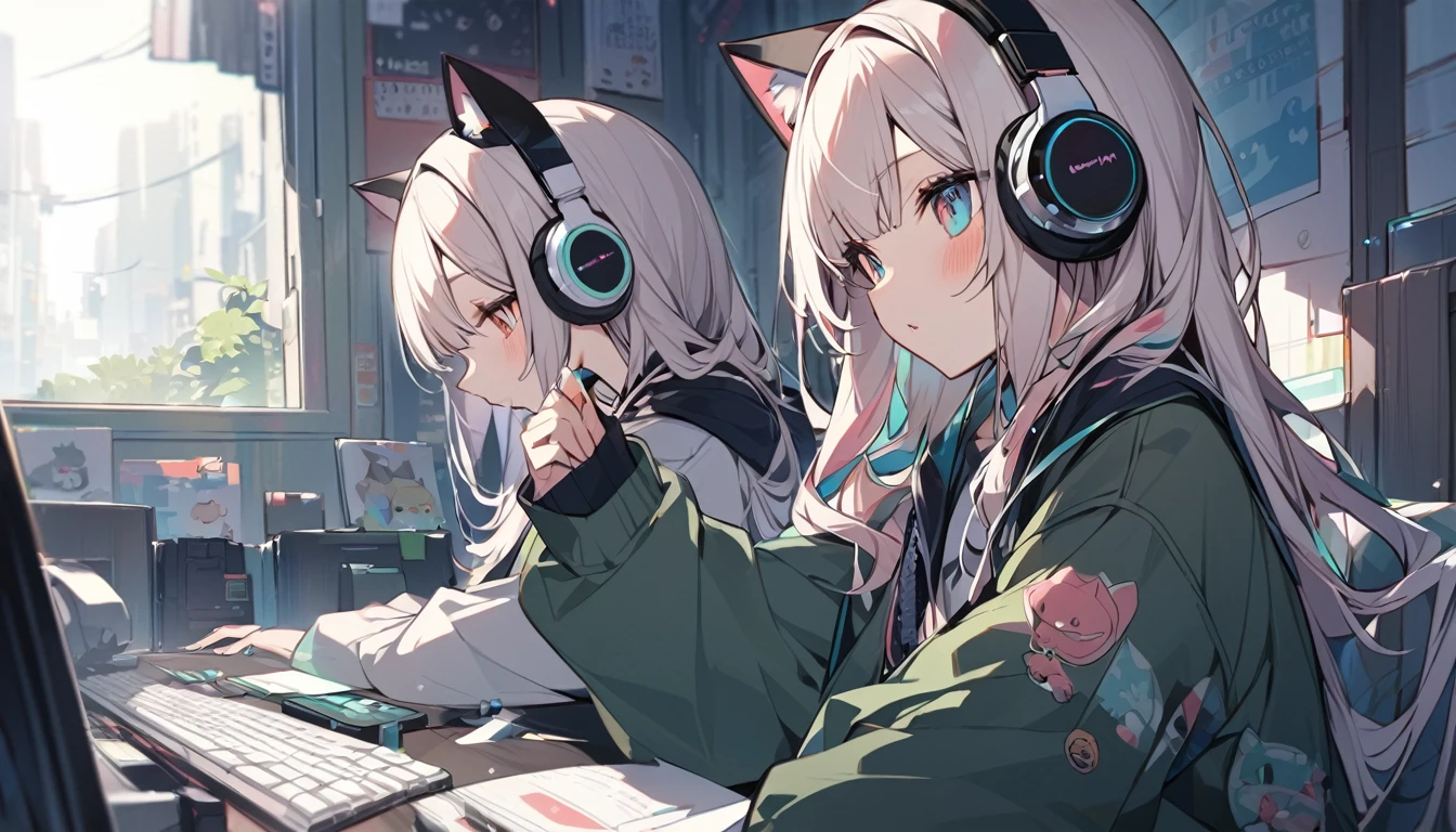 One beautiful girl、Wearing headphones。The cat is watching