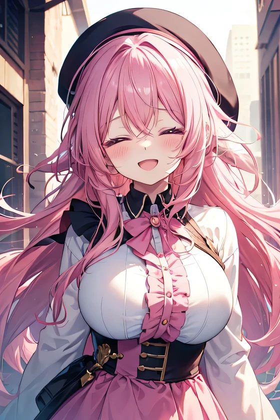 girl, cute anime girl, laughing, open mouth, beautiful hair style, pink hair, long hair, messy hair, closed eyes, pink eyes, big tits, blushing, girl, wearing beret hat
