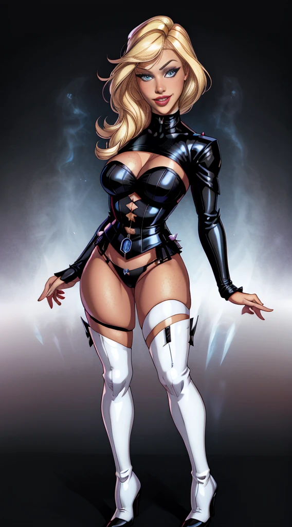 Sexy Hermaphrodite, Plump, pursed lips, freckles, Blonde with bangs.Crystal blue eyes with smoky eyeshadow and black eyeliner, Black semi-matt lipstick, Dark Skin, A frivolous, proud smile, ,Full body image、Background white、Thigh high boots with black pin heels