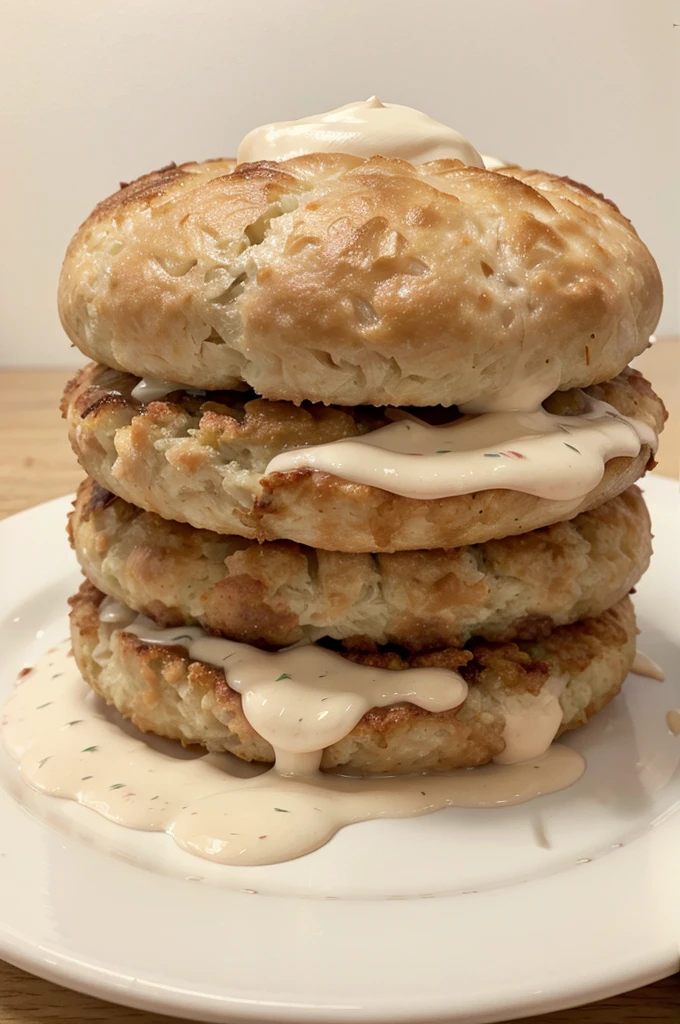 Generate an image of a large rissole with overflowing mayo. Ensure the mayo looks fresh and appetizing, with a creamy texture and enticing color. Place the rissole on a clean, white plate against a minimalist background. Use soft lighting to highlight realistic textures of the crispy skin and smooth mayo filling. Emphasize vibrant colors to make the mayo appear appealing against the warm tones of the rissole. The image should be visually enticing for a promotional banner