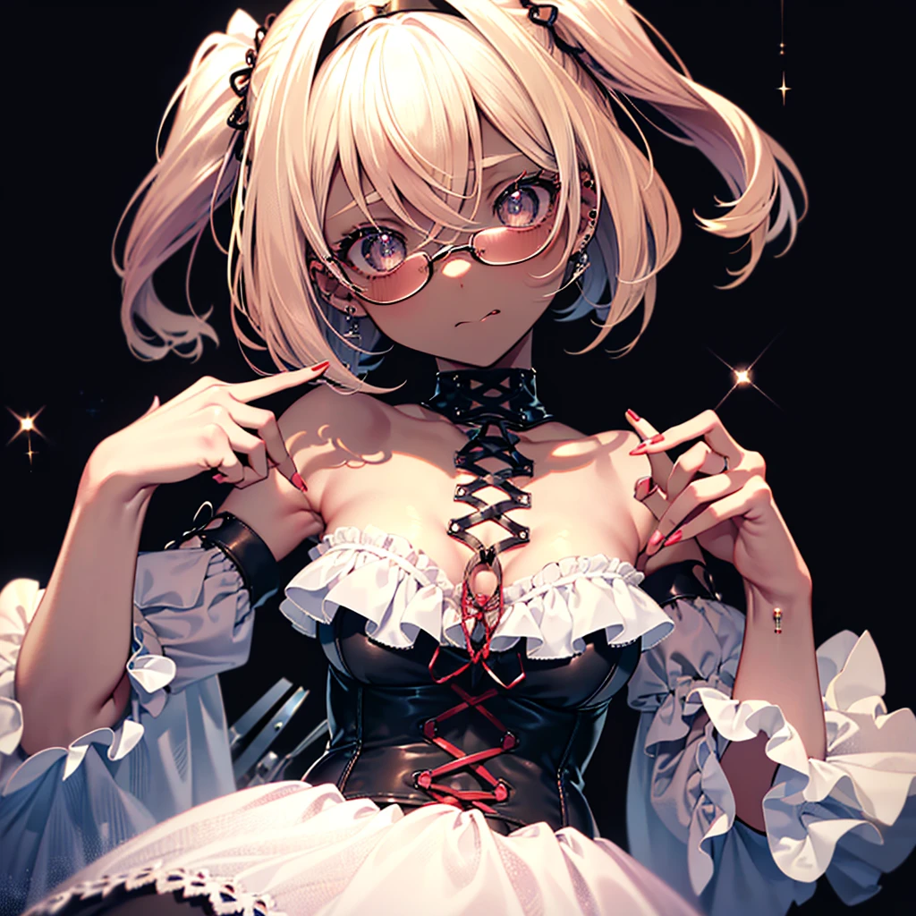 beautiful girl, (Open your mouth, Sticking out tongue:1.1), (corset piercing:1.3), teeth, (Expressionless, Emotionless eyes, Sparkling Eyes), Long eyelashes, Red Crack, very short blonde hair, (Grey Eyes), (Dark Skin), Manicure, 平らな胸 Highest quality, Belly button, Kunderlim Eyewear, Frill dress, Bare arms, Too much exposure, Bare shoulders, The background is solid black, Gothic ta, (Five Fingers, Four fingers and a thumb), Professional Lighting, Highest quality, Tabletop, Ultra-detailed, Capture the cutest moment, Depth of written boundary, Ultra-high resolution, Fine details, 16k wallpaper,