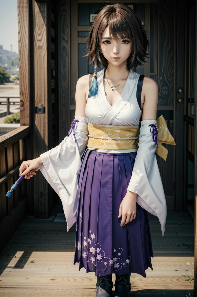 (masterpiece, best quality:1.3)
YunaFF10, 1girl, solo, looking at viewer, smile, short hair, blue eyes, skirt, brown hair, hair ornament, jewelry, underwear, green eyes, standing, full body, boots, detached sleeves, japanese clothes, bra, heterochromia, hakama, hakama skirt, blue hakama, purple hakama, yuna (ff10)