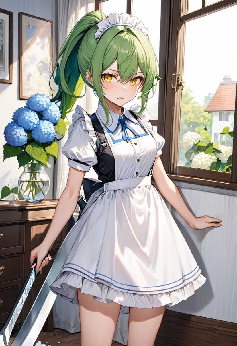 (frontale, full body) ( yo, solo ponytail green hair long hair angry:1.4 divine axe fighter girl, angry:1.3 yellow eyes, medium tits), (in a summer maid clothes), break, (in the simple bedroom, background Through the window, out side A cluster of hydrangeas), BREAK, perfect anatomy, masterpiece, best quality, 16k, beautiful detailed grow, daydreaming expression.