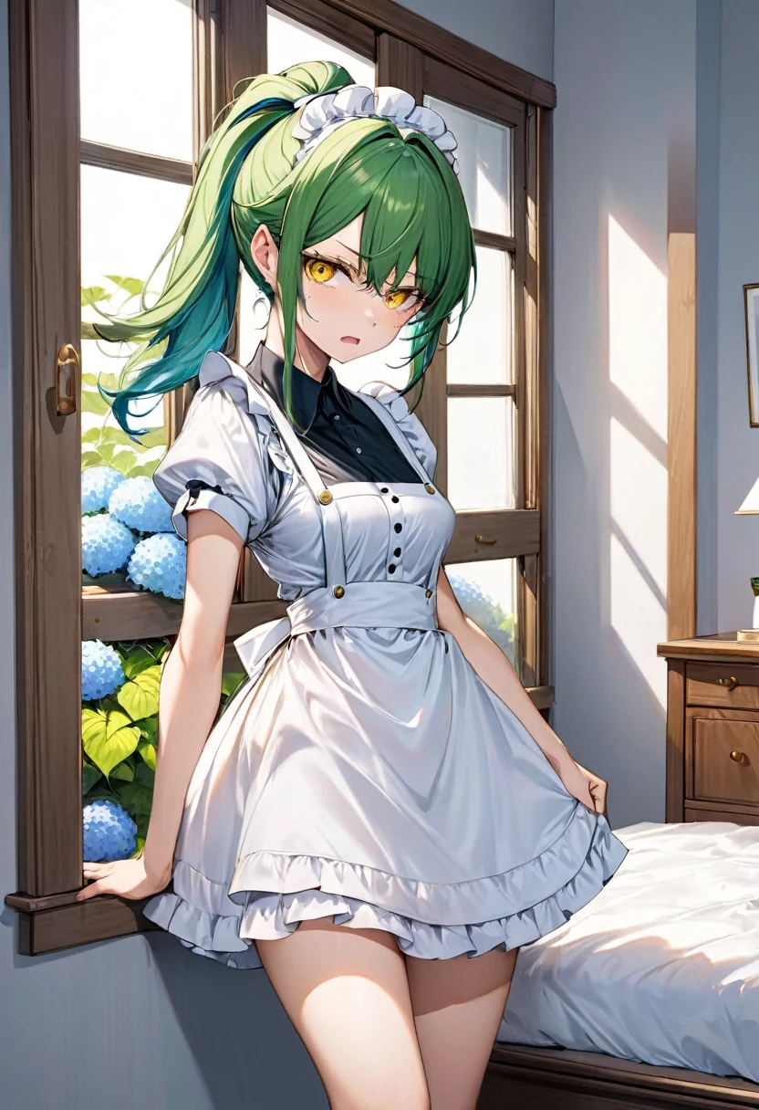 (frontale, full body) ( yo, solo ponytail green hair long hair angry:1.4 divine axe fighter girl, angry:1.3 yellow eyes, medium tits), (in a summer maid clothes), break, (in the simple bedroom, background Through the window, out side A cluster of hydrangeas), BREAK, perfect anatomy, masterpiece, best quality, 16k, beautiful detailed grow, daydreaming expression.