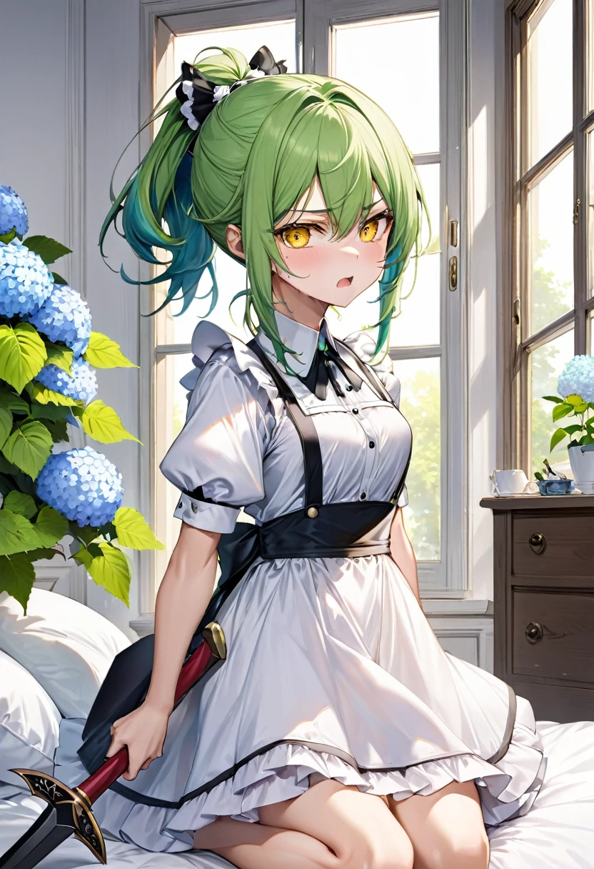 (frontale, full body) (15 yo, solo ponytail green hair long hair angry:1.4 divine axe fighter girl, angry:1.3 yellow eyes, medium tits), (in a summer maid clothes), break, (in the simple bedroom, background Through the window, out side A cluster of hydrangeas), BREAK, perfect anatomy, masterpiece, best quality, 16k, beautiful detailed grow, daydreaming expression.