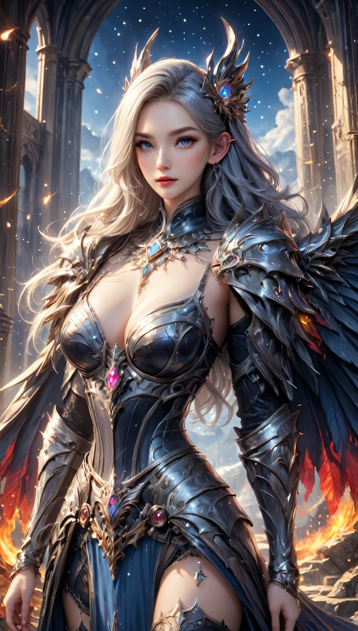 8K resolution, masterpiece, Highest quality, Award-winning works, unrealistic, From above, erotic, sole sexy lady, healthy shaped body, 22 years old, dark knight, 165cm tall, huge firm bouncing busts,, white silver long wavy hair, Detailed facial depictions, Break, Mysterious blue eyes, Standard nose, Eyeliner, pink lips, sexy long legs, Clear skin, knight, Gothic armor, Complex structure of armor, Seven-colored colorful armor, Clothed in flames, Phoenix Crest, elegant, Very detailed, Delicate depiction of hair, miniature painting, Digital Painting, artステーション, コンセプトart, Smooth, Sharp focus, shape, artジャム、Greg Rutkowski、Alphonse Mucha、William Adolphe Bouguereau、art:Stephanie Law , Royal Jewel, nature, Symmetric, Greg Rutkowski, Charlie Bowwater, Unreal, Surreal, Dynamic Lighting, ファンタジーart, Complex colors, Colorful magic circle, flash, dynamic sexy poses, A kind smile, Mysterious Background, Aura, A gentle gaze, BREAK, Small faint lights and flying fireflies, night, lanthanum, 山の頂From above下界を見下ろす, Starry Sky, milky way, nebula, shooting star, God in the right hand々A sword that emits a brilliant light, (Back view, Looking back towards the camera:1.3),