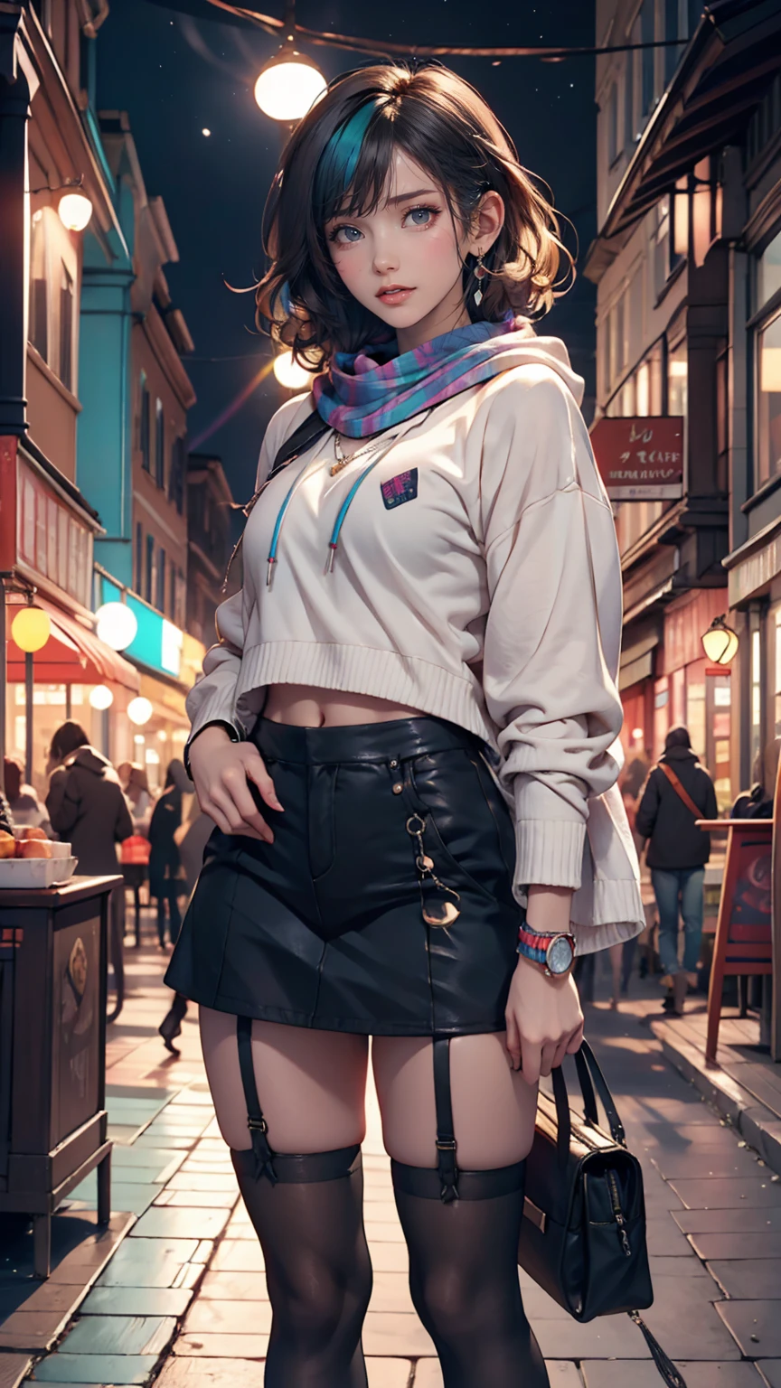 masterpiece , 24-year-old woman、Sexy proportions、Sexy、Narrow waist、Attach a necklace、Wear accessories on your wrist、Natural curls((wavy hair))、Shortcuts((short hair))、hair scarf((hair scarf))、Rainbow Hair((rainbow hair))、Wear a hoodie with a hood、Wear an ultra mini skirt、Wear rainbow stockings、Wear sneakers、Put on headphones、Reach into your hoodie pocket、Downtown background at night