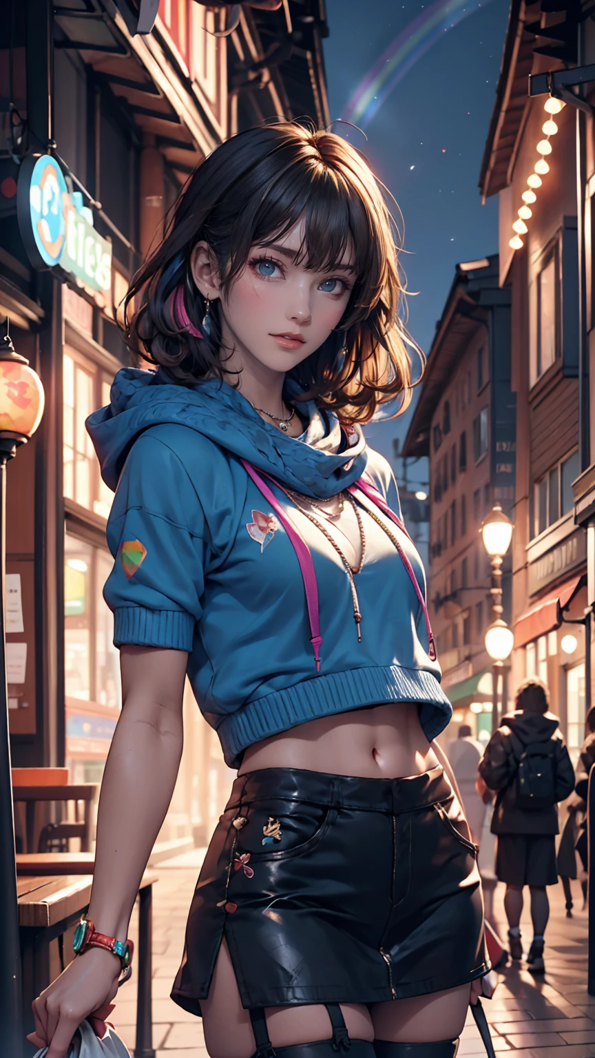 masterpiece , 24-year-old woman、Sexy proportions、Sexy、Narrow waist、Attach a necklace、Wear accessories on your wrist、Natural curls((wavy hair))、Shortcuts((short hair))、hair scarf((hair scarf))、Rainbow Hair((rainbow hair))、Wear a hoodie with a hood、Wear an ultra mini skirt、Wear rainbow stockings、Wear sneakers、Put on headphones、Reach into your hoodie pocket、Downtown background at night