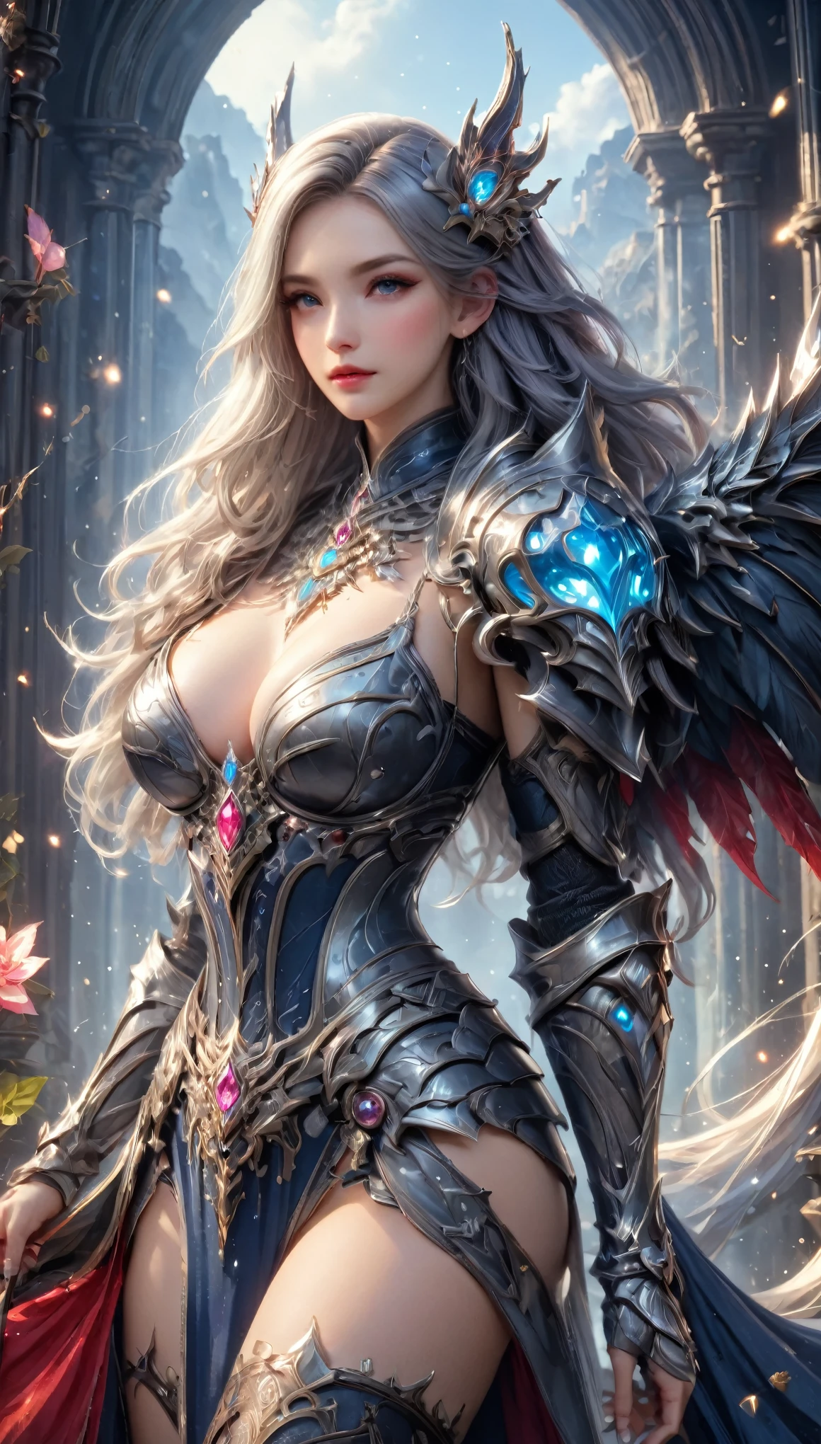 8K resolution, masterpiece, Highest quality, Award-winning works, unrealistic, From above, erotic, sole sexy lady, healthy shaped body, 22 years old, dark knight, 165cm tall, huge firm bouncing busts,, white silver long wavy hair, Detailed facial depictions, Break, Mysterious blue eyes, Standard nose, Eyeliner, pink lips, sexy long legs, Clear skin, knight, Gothic armor, Complex structure of armor, Seven-colored colorful armor, Clothed in flames, Phoenix Crest, elegant, Very detailed, Delicate depiction of hair, miniature painting, Digital Painting, artステーション, コンセプトart, Smooth, Sharp focus, shape, artジャム、Greg Rutkowski、Alphonse Mucha、William Adolphe Bouguereau、art:Stephanie Law , Royal Jewel, nature, Symmetric, Greg Rutkowski, Charlie Bowwater, Unreal, Surreal, Dynamic Lighting, ファンタジーart, Complex colors, Colorful magic circle, flash, dynamic sexy poses, A kind smile, Mysterious Background, Aura, A gentle gaze, BREAK, Small faint lights and flying fireflies, night, lanthanum, 山の頂From above下界を見下ろす, Starry Sky, milky way, nebula, shooting star, God in the right hand々A sword that emits a brilliant light, (Back view, Looking back towards the camera:1.3),