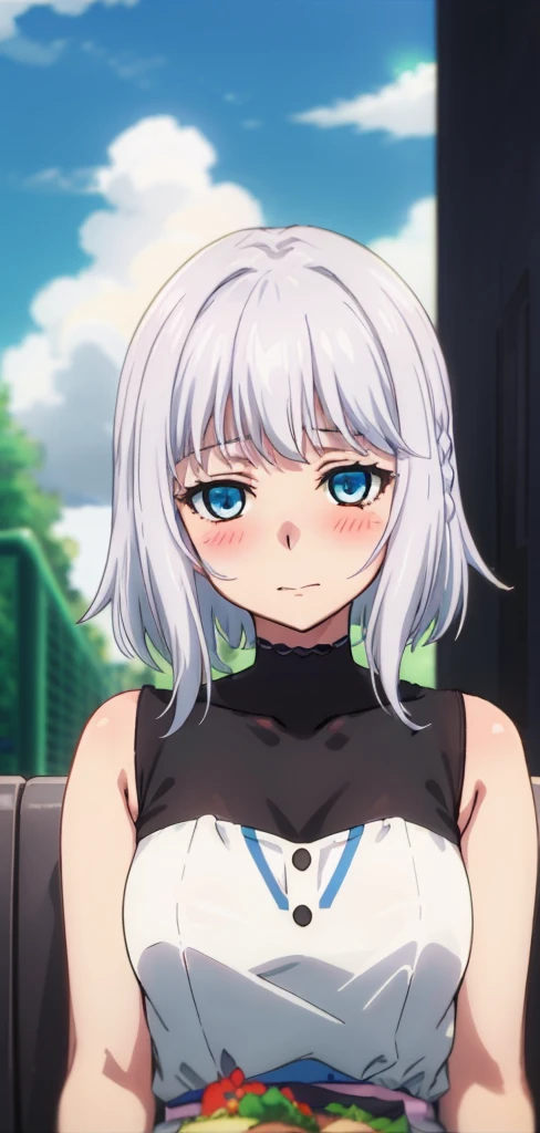 1 girl, kanon kanase,  , blush, medium breasts, sleeveless,((stylish outfit, dress)), sitting,  20-year-old, healthy skin. Upper_body. 