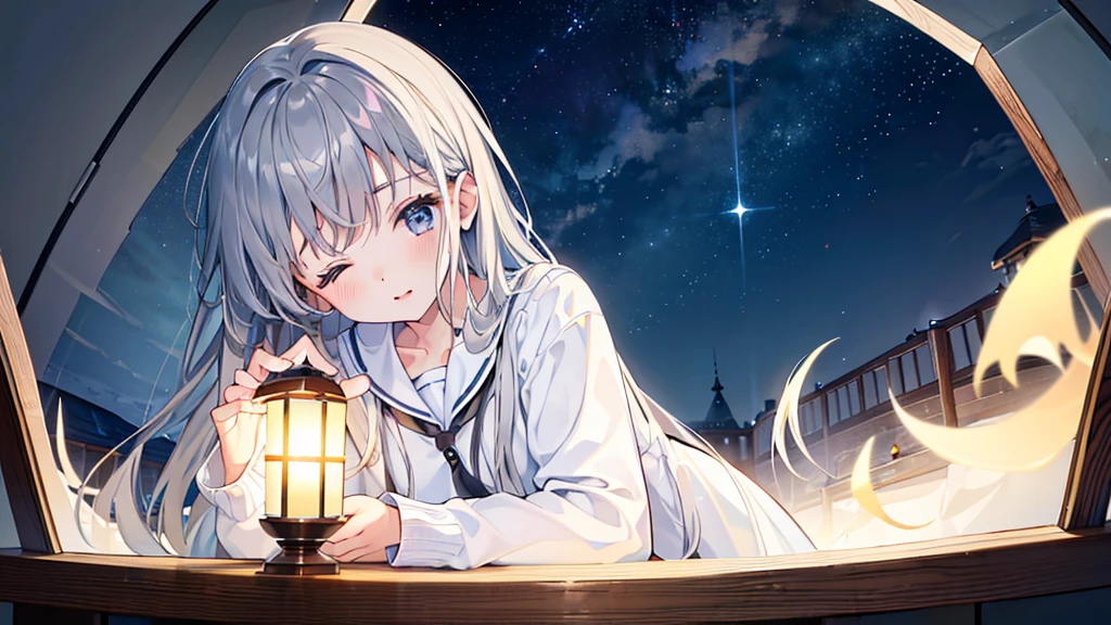 ((Highest quality、8K、masterpiece:1.3))、room、Night Sky、One Woman、Gray Hair、Praying、Eyes closed」