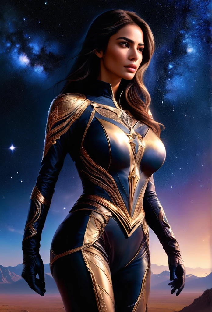 Breathtaking image of a attractive solitary person, sofiaboutella woman, wearing stillsuit, human head with natural skin, symmetrical arms, wearing boots and gloves, standing tall and proud, their gaze fixed on the horizon, exudes an aura of quiet confidence and determination, starry sky at night, athletic, sense of wonder and curiosity, ultra-realistic rendering makes the image feel almost tangible, stunning piece of artwork is a testament to the power of visual storytelling, transporting us to a world of grand adventures and epic discoveries, style of Raymond Swanland and Edward Blair Wilkins, 