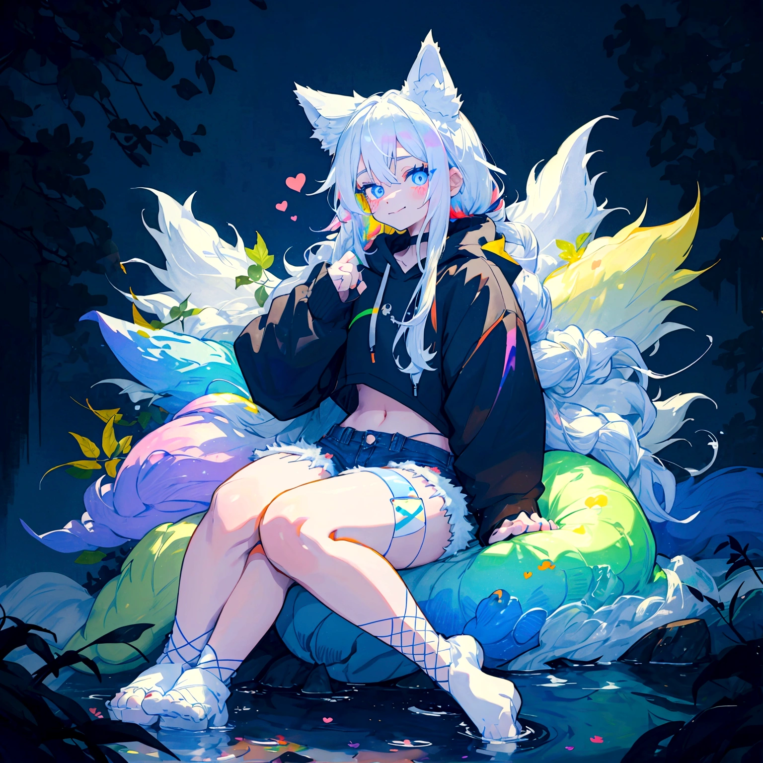 a cute adult male with wolf ears, long white hair, long locks, has a wolf tail, wearing a loose cropped black hoodie, wearing a pair of denim short shorts and fishnet stockings, thick thighs, wide hips, relaxing on mountain of fluffy multi colored kawaii plushies, short, very slim, showing slender tummy, heart on hoodie, squishy thighs, has glowing blue eyes. alone, solo (ALONE)(SOLO), surrounded by rainbows, colorful galaxy backround, smiling, ontop of a pile of fluffy plushes, plushies everywhere, kawaii plushies, surrounded by bubbles, surrounded by rainbow leaves