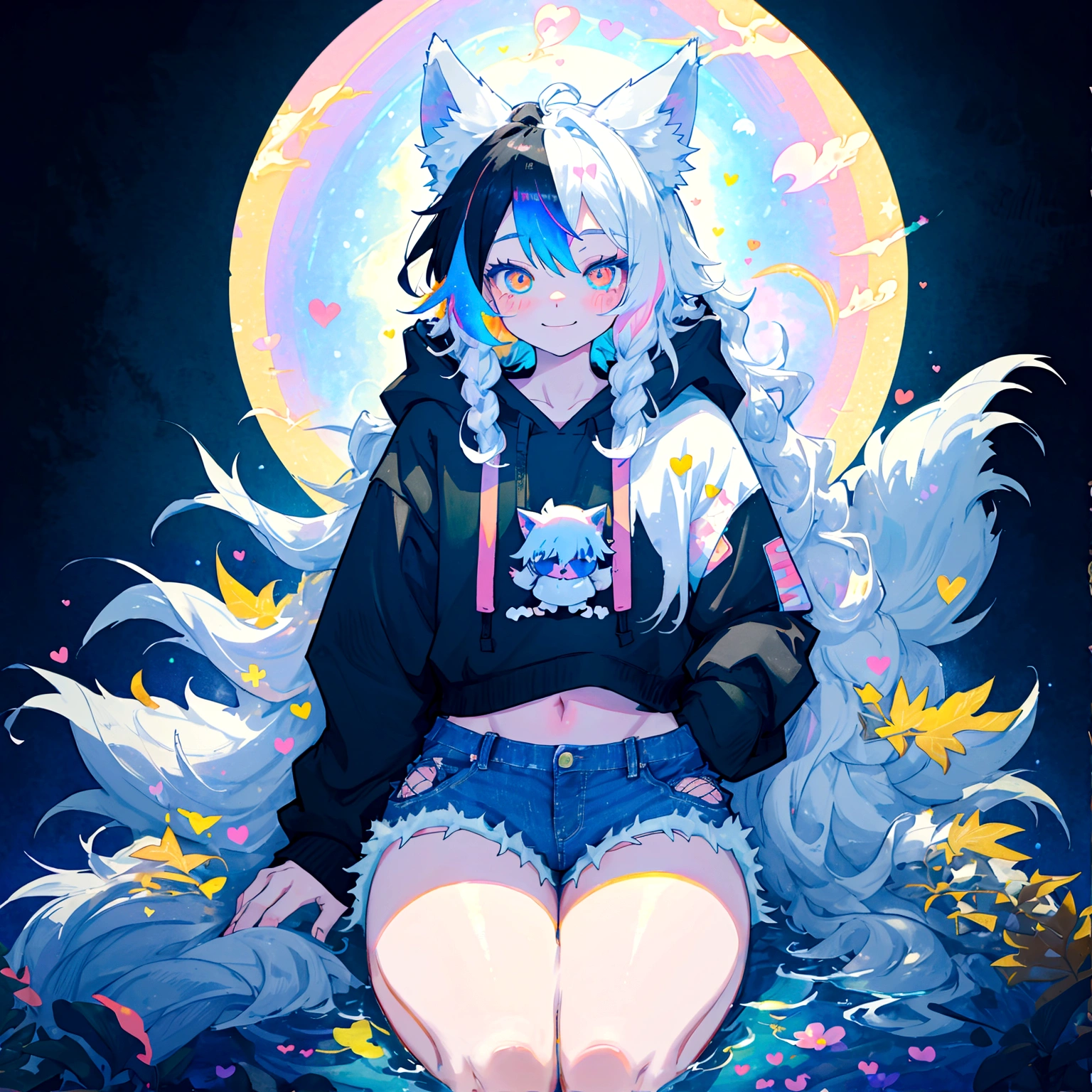 a cute adult male with wolf ears, long white hair, long locks, has a wolf tail, wearing a loose cropped black hoodie, wearing a pair of denim short shorts and fishnet stockings, thick thighs, wide hips, relaxing on mountain of fluffy multi colored kawaii plushies, short, very slim, showing slender tummy, heart on hoodie, squishy thighs, has glowing blue eyes. alone, solo (ALONE)(SOLO), surrounded by rainbows, colorful galaxy backround, smiling, ontop of a pile of fluffy plushes, plushies everywhere, kawaii plushies, surrounded by bubbles, surrounded by rainbow leaves