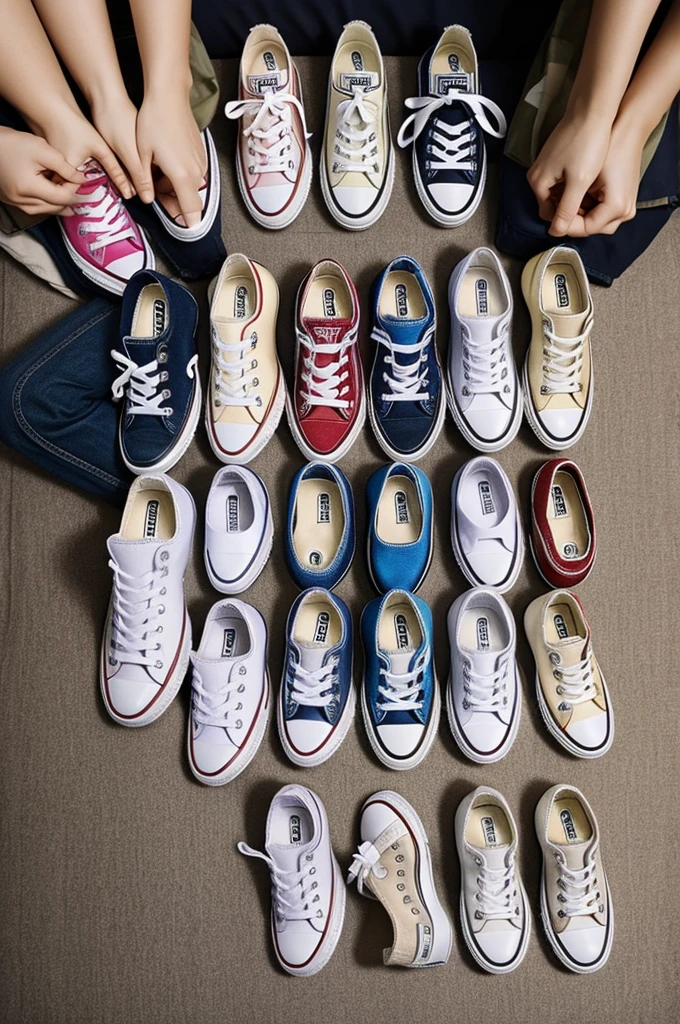 10 pairs of converse of different real colors on a bed, each up a transparent box with white