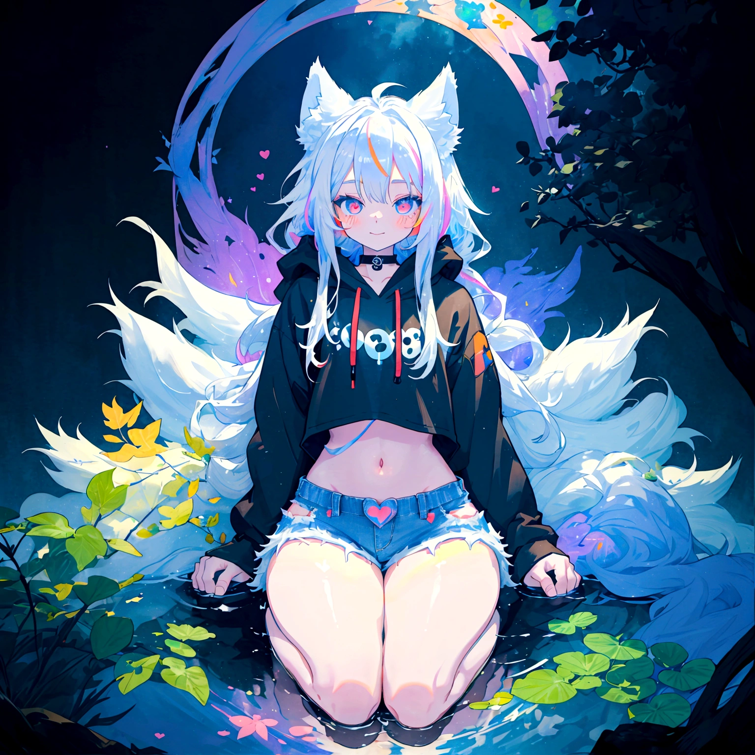 a cute adult male with wolf ears, long white hair, long locks, has a wolf tail, wearing a loose cropped black hoodie, wearing a pair of denim short shorts and fishnet stockings, thick thighs, wide hips, relaxing on mountain of fluffy multi colored kawaii plushies, short, very slim, showing slender tummy, heart on hoodie, squishy thighs, has glowing blue eyes. alone, solo (ALONE)(SOLO), surrounded by rainbows, colorful galaxy backround, smiling, ontop of a pile of fluffy plushes, plushies everywhere, kawaii plushies, surrounded by bubbles, surrounded by rainbow leaves