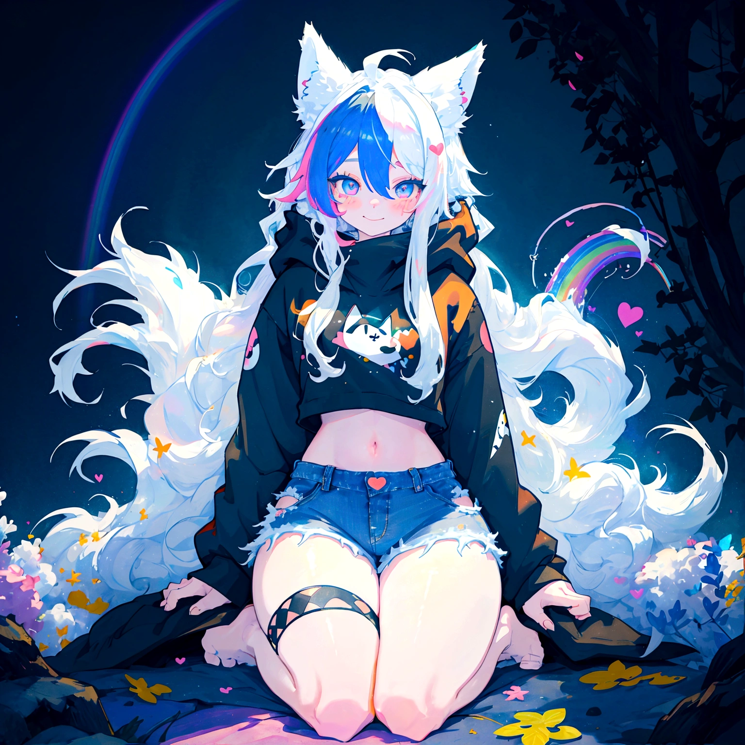 a cute adult male with wolf ears, long white hair, long locks, has a wolf tail, wearing a loose cropped black hoodie, wearing a pair of denim short shorts and fishnet stockings, thick thighs, wide hips, relaxing on mountain of fluffy multi colored kawaii plushies, short, very slim, showing slender tummy, heart on hoodie, squishy thighs, has glowing blue eyes. alone, solo (ALONE)(SOLO), surrounded by rainbows, colorful galaxy backround, smiling, ontop of a pile of fluffy plushes, plushies everywhere, kawaii plushies, surrounded by bubbles, surrounded by rainbow leaves