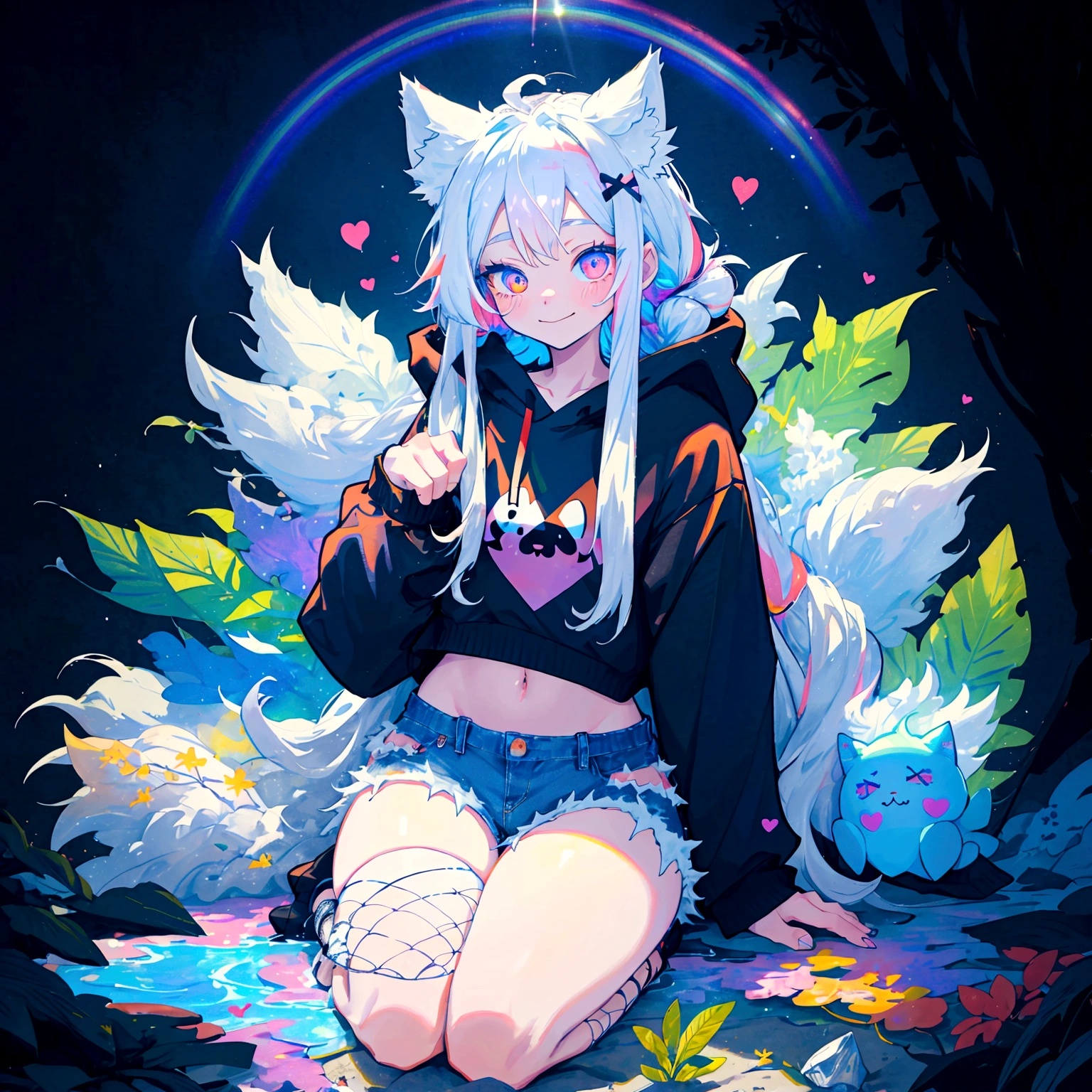 a cute adult male with wolf ears, long white hair, long locks, has a wolf tail, wearing a loose cropped black hoodie, wearing a pair of denim short shorts and fishnet stockings, thick thighs, wide hips, relaxing on mountain of fluffy multi colored kawaii plushies, short, very slim, showing slender tummy, heart on hoodie, squishy thighs, has glowing blue eyes. alone, solo (ALONE)(SOLO), surrounded by rainbows, colorful galaxy backround, smiling, ontop of a pile of fluffy plushes, plushies everywhere, kawaii plushies, surrounded by bubbles, surrounded by rainbow leaves