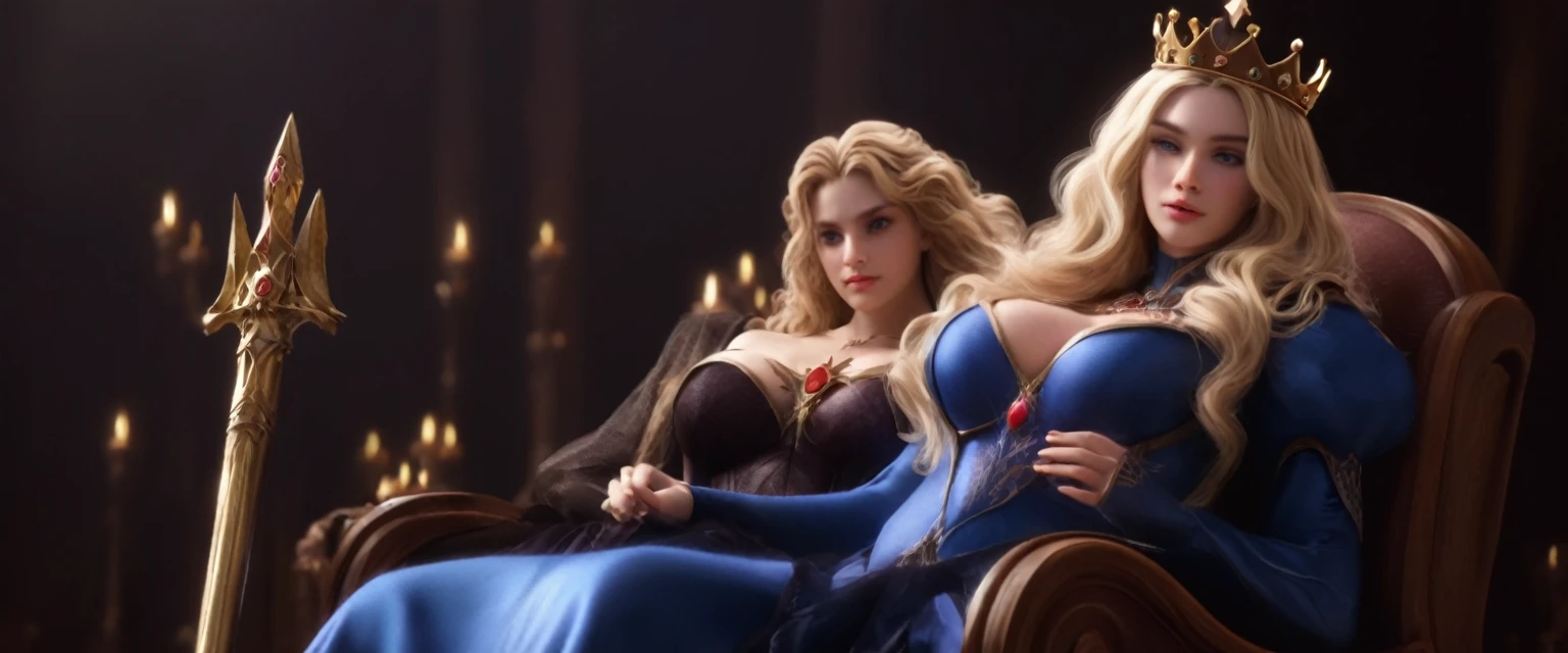 score_9, score_8_up, score_7_up, source_photo, photography, realistic, rating safe, dynamic angle, cinematic angle, ultra detailed, detailed eyes, absurdity, 1girl, elder queen, sitting on boy, crown, holding scepter, hands, looking at viewer, (oversized body), large breasts, long hair, blonde hair, wavy hair, multiple boys, they are lying, masterpiece, 8k,