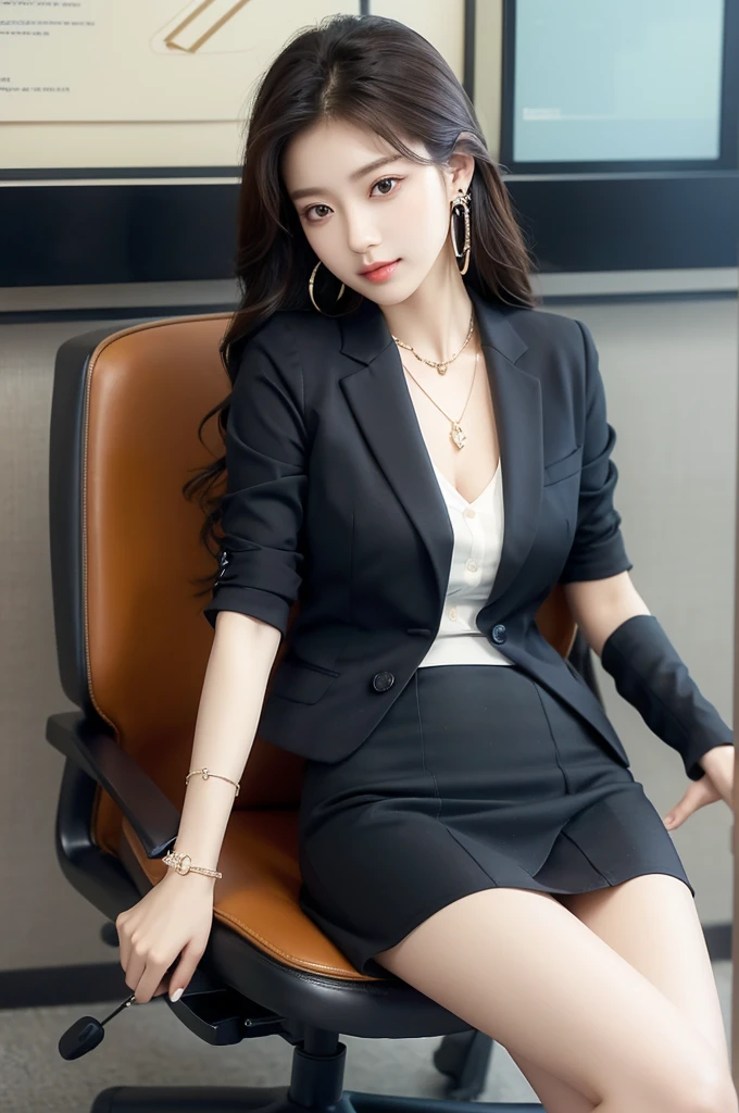 (((actual photography))),, portrait, Korean，(arrogant的臉:1.3),, 1 Girl，beautiful girl, arrogant,Sit in a large class chair，Sit with your legs up，Write carefully on the table , (Necklace，earrings，Bracelet:1.1), Buttoned shirt and hip skirt,miniskirt , (cleavage:0.3),, In the CEO&#39;s Office, (environmental details:1.3),, (original photo, CG Unity, photography, ultra actual details, sharp focus, Delicate skin,4K, High resolution, masterpiece, best quality, actual, energetic:1.2),, (8K,4K, Ultra high quality, High resolution, professional, Movie般的, Movie, Dramatic),Sofa pose, Detailed office background