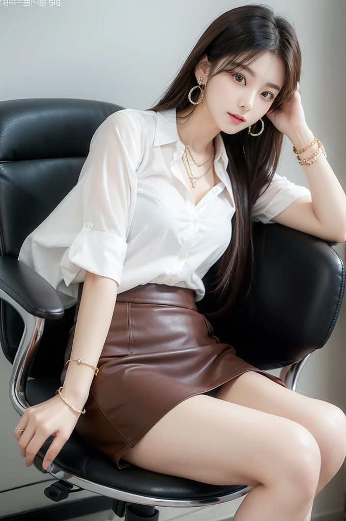 (((actual photography))),, portrait, Korean,(arrogant的臉:1.3),, 1 Girl,beautiful girl, arrogant,Sit in a large class chair,Sit with your legs up,Write carefully on the table , (Necklace,earrings,Bracelet:1.1), Buttoned shirt and hip skirt,miniskirt , (cleavage:0.3),, In the CEO's Office, (environmental details:1.3),, (original photo, CG Unity, photography, ultra actual details, sharp focus, Delicate skin,4K, High resolution, masterpiece, best quality, actual, energetic:1.2),, (8K,4K, Ultra high quality, High resolution, professional, Movie般的, Movie, Dramatic),Sofa pose, Detailed office background