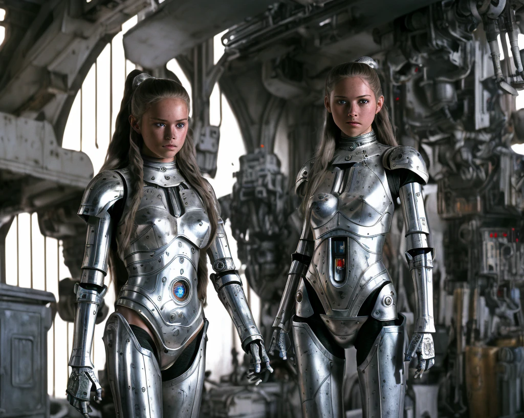 from Star Wars (RAW photo, 4k, masterpiece, high res, extremely intricate) (photorealistic:1.4), cinematic lighting 1girl, solo focus, summer noon, hot, 1990s \(style\),cowboy shot,indoors,the upper part of the body, masterpiece, best quality, masterpiece,best quality,official art,extremely detailed CG unity 8k wallpaper, beautiful detailed eyes, artbook, photo, real, realistic, futuristic knight, (silver, long hair), mecha girl, mechanical parts, space station, Expressive Hues, Vibrant Palette,B lack and white clothes,