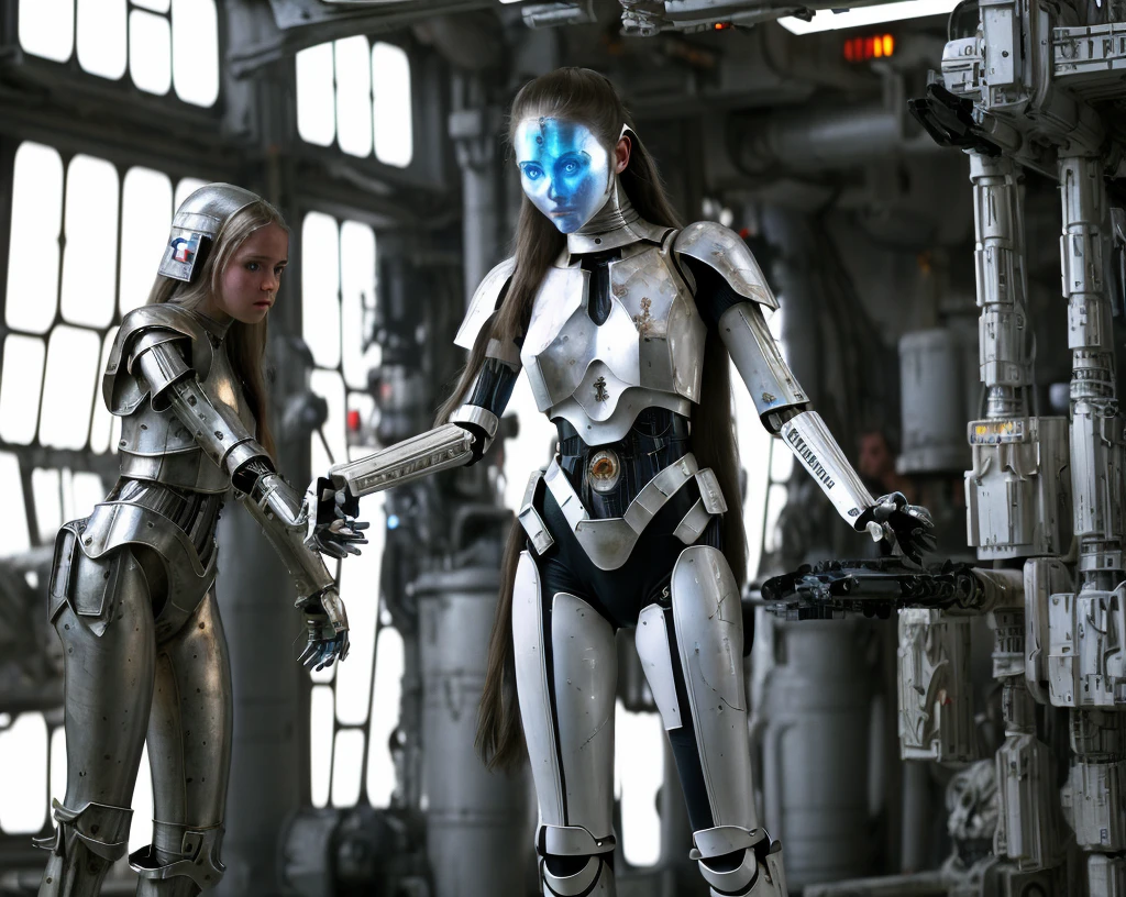 from Star Wars (RAW photo, 4k, masterpiece, high res, extremely intricate) (photorealistic:1.4), cinematic lighting 1girl, solo focus, summer noon, hot, 1990s \(style\),cowboy shot,indoors,the upper part of the body, masterpiece, best quality, masterpiece,best quality,official art,extremely detailed CG unity 8k wallpaper, beautiful detailed eyes, artbook, photo, real, realistic, futuristic knight, (silver, long hair), mecha girl, mechanical parts, space station, Expressive Hues, Vibrant Palette,B lack and white clothes,