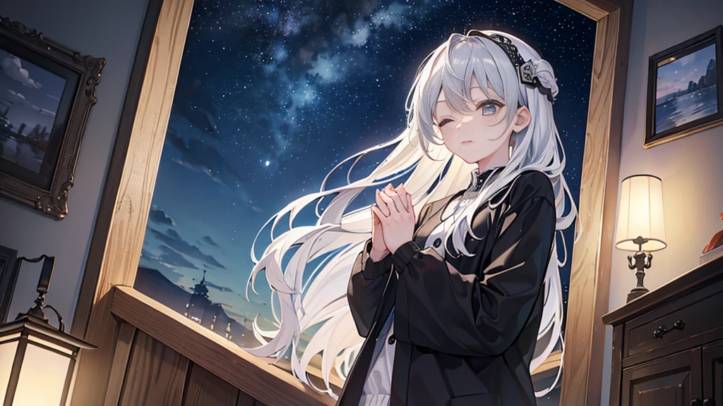 ((Highest quality、8K、masterpiece:1.3))、room、Night Sky、One Woman、Gray Hair、Praying、Eyes closed