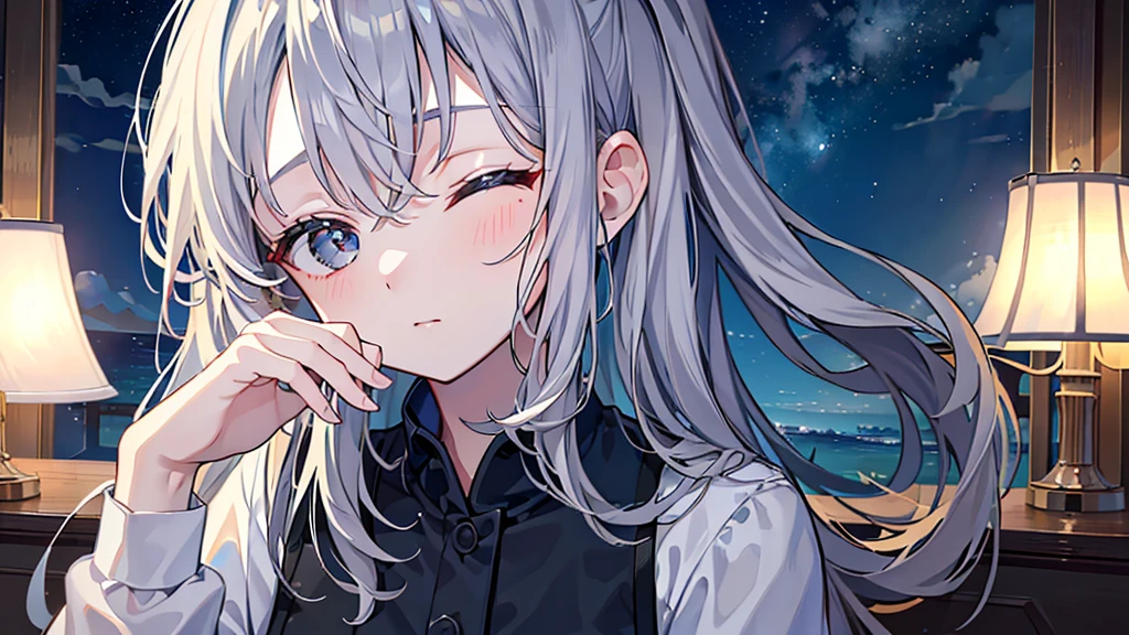 ((Highest quality、8K、masterpiece:1.3))、room、Night Sky、One Woman、Gray Hair、Praying、Eyes closed