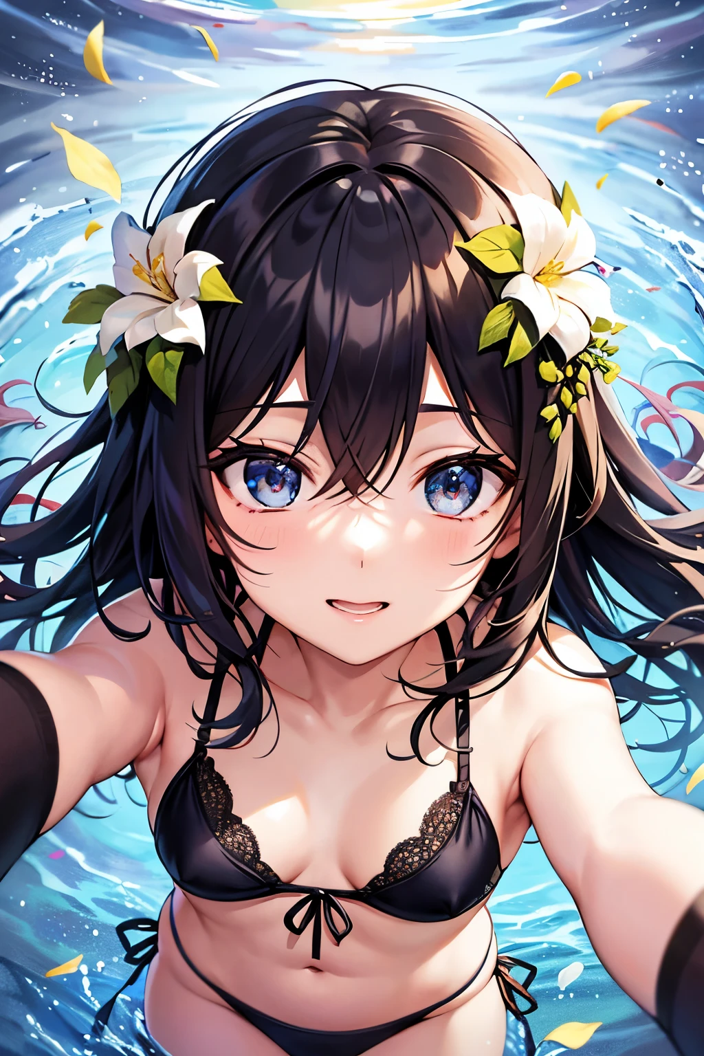 Selfie,Beautiful illustrations、masterpiece, Highest quality , From above, 1 Girl,cute 、Mini Girl, 4th grade elementary school、Small breasts, compensate, Are standing, smile, Open your mouth, (Black Hair), Hair Flowers, short hair ,blue eyes、(Red Micro Bikini), Nice thighs、Shining thighs, Shiny skin, sexy,