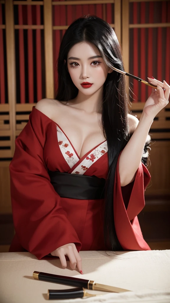 “A beautiful woman with long black hair and fair skin, wearing thin red eyeshadow. She exudes a captivating and alluring atmosphere, with rouge lipstick. She sticks out her tongue and licks a knife held in her hand. She is dressed in a traditional Japanese kimono, which is slightly open at the shoulders. The background is luxurious and magnificent.”