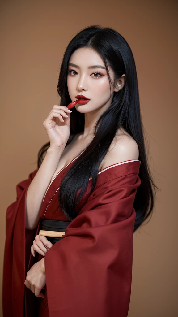 “A beautiful woman with long black hair and fair skin, wearing thin red eyeshadow. She exudes a captivating and alluring atmosphere, with rouge lipstick. She sticks out her tongue and licks a knife held in her hand. She is dressed in a traditional Japanese kimono, which is slightly open at the shoulders. The background is luxurious and magnificent.”