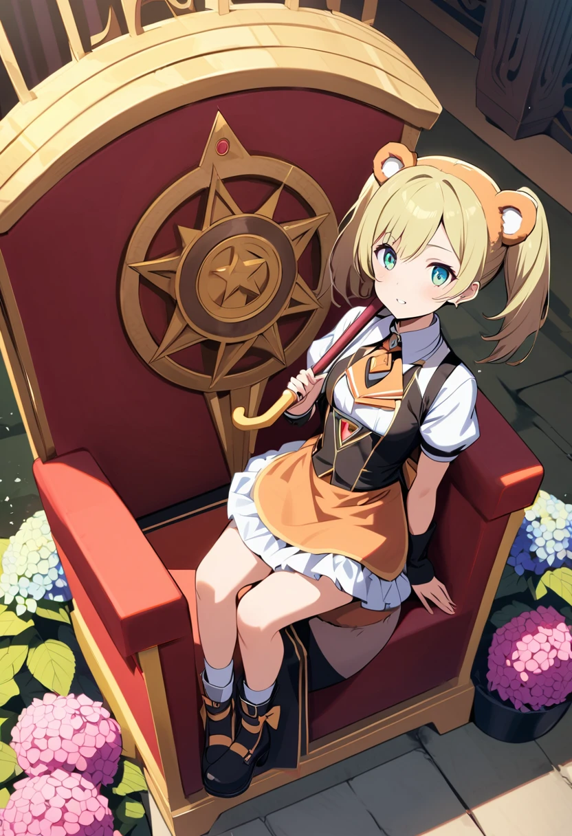 One girl,Deltamon_beta, alone, (Eye highlights,((Upturned eyes)),((Angle From above:1.3)),From above、looking at the camera,((umbrella:1.3)),
break  {ponytail |Short Twin Tails | Long Hair |Layered Cut|Bobcut},{Black Hair|Brown Hair|Blonde},((Idol)),((change,Maid)),((Little,change)), (((Hydrangea),Lots of flowers)),(Bear full body costume),((Holding an umbrella:1.3)),((Throne of Power,Throne of Power:1.3))