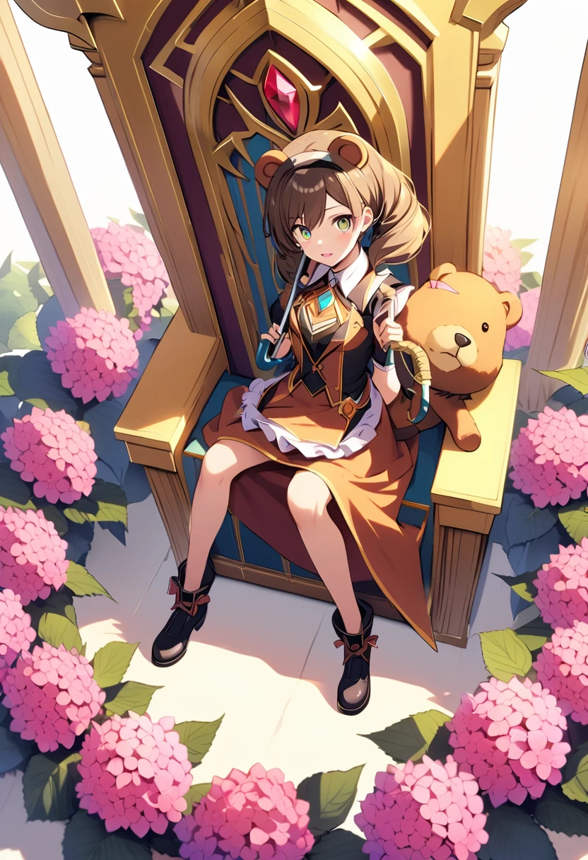 One girl,Deltamon_beta, alone, (Eye highlights,((Upturned eyes)),((Angle From above:1.3)),From above、looking at the camera,((umbrella:1.3)),
break {ponytail |Short Twin Tails | Long Hair |Layered Cut|Bobcut},{Black Hair|Brown Hair|Blonde},((Idol)),((change,Maid)),((Little,change)), (((Hydrangea),Lots of flowers)),(Bear full body costume),((Holding an umbrella:1.3)),((Throne of Power,Throne of Power:1.3))