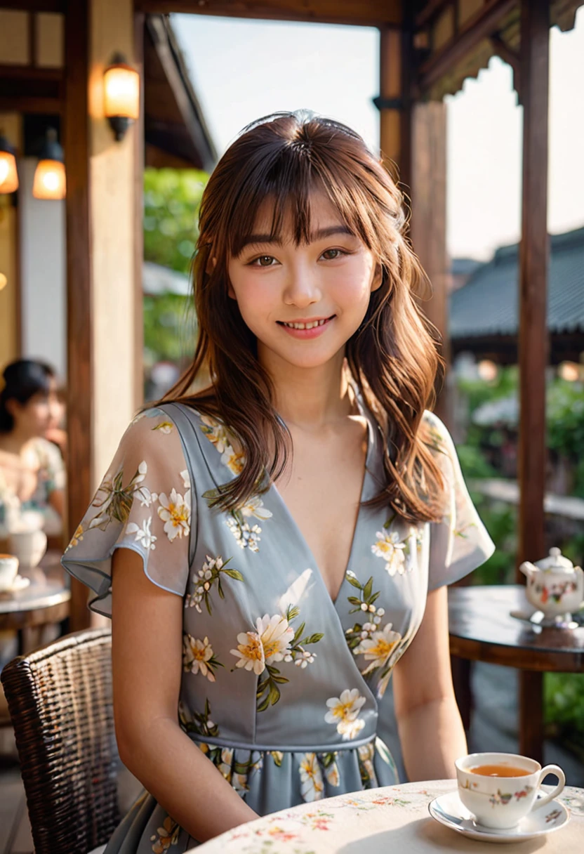 (Highest quality,8K quality,masterpiece:1.3),(Ultra-high resolution,Realistic:1.4,Live Shooting),(Very detailed,Caustics),(Ultra-Realistic Capture,(((Afternoon tea))),Beautiful and detailed skin),19 years old,Beautiful Japanese, Medium Hair, Asymmetrical bangs, Brown Hair, I'm looking at the camera with a smile on my face,Soft Light,A ray of light shining from above,Natural light，((Summer Dresses))，(((One person))),Cafe Terrace,Tea making facilities