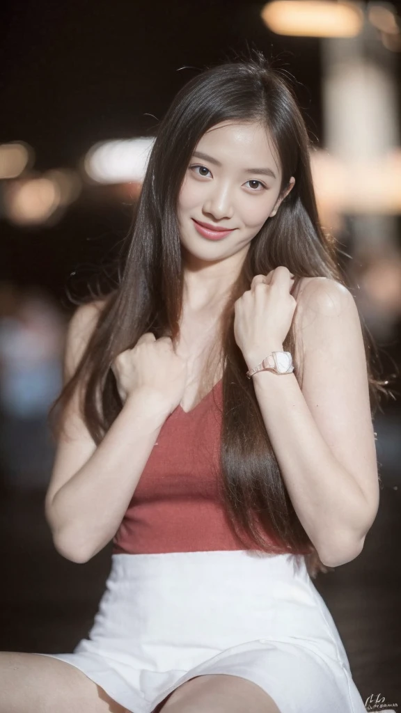 8K, masterpiece, RAW photos, best quality, Reality, extremely detailed CG unity 8K wallpaper, Depth of Field, light, lens flare, Ray Tracing, (Extremely beautiful face, Beautiful lips, beautiful eyes), Complex facial details, ((Ultra-delicate skin)) 1 Girl, in the darkness, Deep Shadows, Beautiful Korean girl, Korean Idol,(Very slim slender fit-muscled body:1.3), ((Looking at the audience)),(A bright smile:1.3), (Fashion City Night, (Neon), (Blurred background), midnight, (nobody), (背景中nobody:1.3), Beautiful Korean girl, White Diamond Earrings, Diamond Bracelet, Deya Necklace, Pantyhose, Clear eyes, walk , front Photo, (Pale skin), Facing forward, (big eyes), full-body shot, ((see through, White top)), ((Red Skirt :1.3)), (Brown hair) (Looking at the audience:1.3), (Lace), Very slim, Medium breasts, Hermès bag