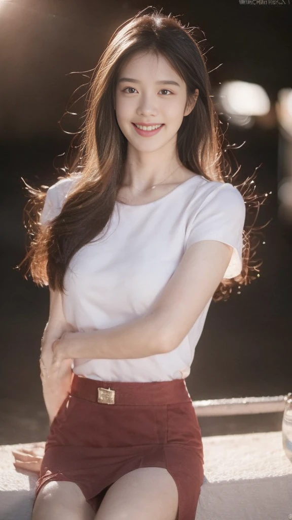 8K, masterpiece, RAW photos, best quality, Reality, extremely detailed CG unity 8K wallpaper, Depth of Field, light, lens flare, Ray Tracing, (Extremely beautiful face, Beautiful lips, beautiful eyes), Complex facial details, ((Ultra-delicate skin)) 1 Girl, in the darkness, Deep Shadows, Beautiful Korean girl, Korean Idol,(Very slim slender fit-muscled body:1.3), ((Looking at the audience)),(A bright smile:1.3), (Fashion City Night, (Neon), (Blurred background), midnight, (nobody), (背景中nobody:1.3), Beautiful Korean girl, White Diamond Earrings, Diamond Bracelet, Deya Necklace, Pantyhose, Clear eyes, walk , front Photo, (Pale skin), Facing forward, (big eyes), full-body shot, ((see through, White top)), ((Red Skirt :1.3)), (Brown hair) (Looking at the audience:1.3), (Lace), Very slim, Medium breasts, Hermès bag