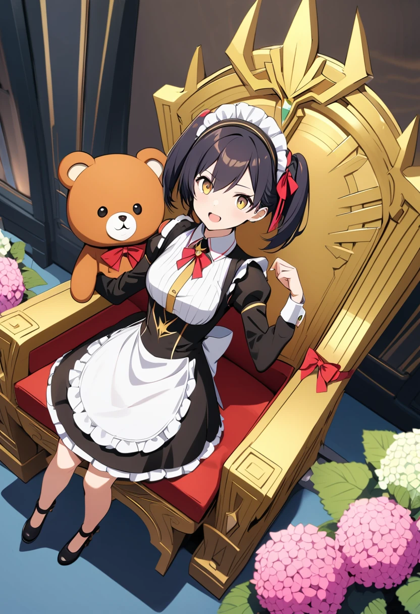 One girl,Deltamon_beta, alone, (Eye highlights,((Upturned eyes)),((Angle From above:1.3)),From above、looking at the camera,((umbrella:1.3)),
break  {ponytail |Short Twin Tails | Long Hair |Layered Cut|Bobcut},{Black Hair|Brown Hair|Blonde},((Idol)),((change,Maid)),((Little,change)), (((Hydrangea),Lots of flowers)),(Bear full body costume),((Throne of Power,Throne of Power:1.3))