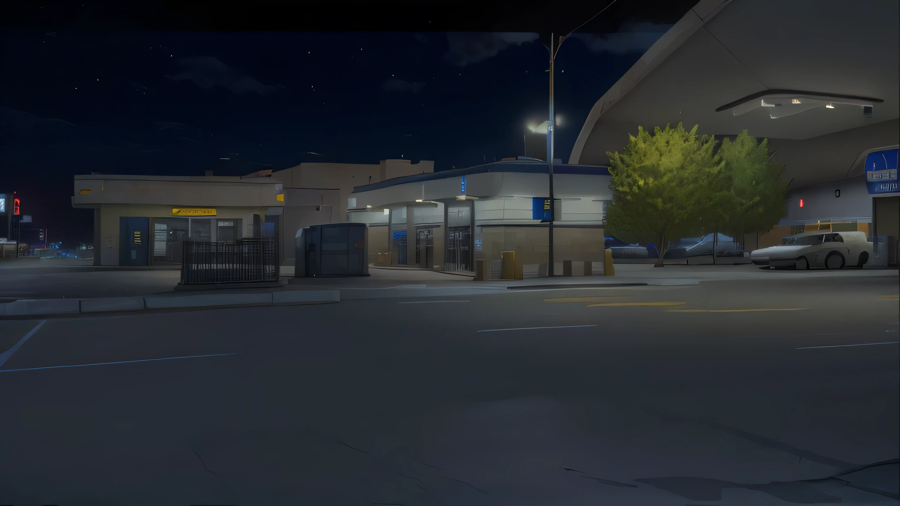night time view of a gas station with a gas station sign, street level view, ingame image, night time render, highly_detailed!!, downtown, from street level, town center background, videogame still, in game, post apocalyptic shopping center, bus station, establishing shot, gas station, night realism, detailed photo of virtual world, nighttime!!, restaurant!