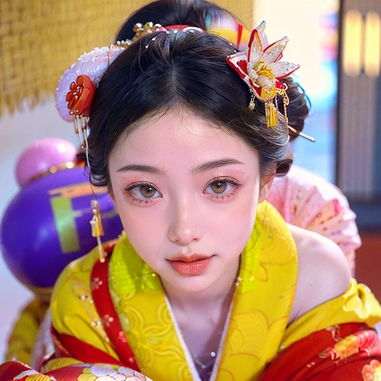 (PUNIPUNI clavicle KIMONO ((offshoulder)) KANZASHI FlowerHairpins Topknot TwinBun Oiran-Hair)High-level, 8K Masterpiece TopQuality, Ultra-detailed CG, Absurd detailed wallpaper, PerfectLighting, Extremely detailed (((Personifying " OIRAN " as a KAWAII Girl))), Characteristic Items, aesthetic LifeLike Rendering, MysticSight, Haze Tyndall Scattering, (Studio Dark Background with (Oodles Dazzling Iridescent 🌈Particles (BokeH))), (((Assfocus)) RoundlyButt) ThighGap, (Exposed:0.88) 🔞 BREAK (Acutance:0.8), (NOGIZAKA FaceVariations) Extremely Detailed very KAWAII FaceVariations, Childish CaptivatingGaze ElaboratePupils ParfectEyes with (SparklingHighlights:1.28), (Voluminous LongEyelashes:0.88), 💄💋✨ GlossyRedLips with BeautifulDetails, CoquettishTongue, PUNIPUNI RosyCheeks, Radiant PearlSkin with Transparency, Glowing DowneyHair . { (Dynamic LifeLike expressions:1.4) | (:d) }, (large eyes:-1) .