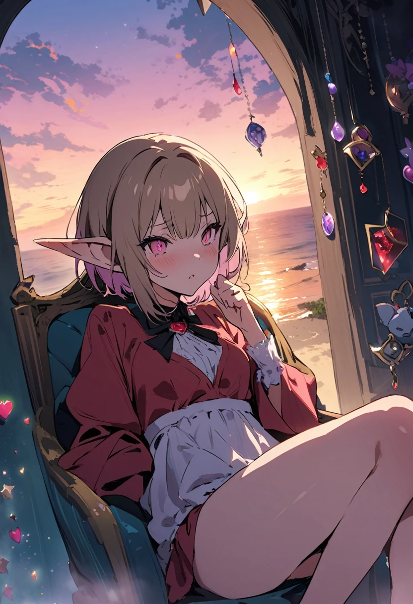 masterpiece, Highest quality, Illustration of the novel, High resolution, 18+ Adult content, Sensual, Intimate, Emotional, Passionate, romantic, sweet, Adorable, Innocent, Pure, charmな, charmな, charm, mysterious, charmな, charmな, Immersive, charmな, dream-like, Surreal, Imaginative, Whimsical, Artistic, Avant-garde, timeless, elegant, Sophisticated, chic, Sophisticated, Personality, original, charmな,((Loli Elf:1.3)),((A look of disgust:1.3))、Upper Body、(a bit),((Sunrise time/Sunrise time/Sunrise time:1.3)),((Throne of Power,Throne of Power:1.3))