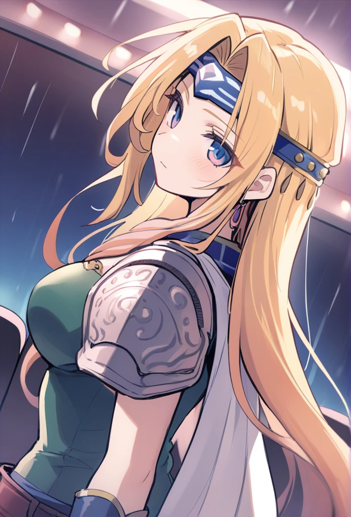 1girl, celes chere, final fantasy vi,solo,blonde hair, blue eyes, green leotard, headband, shoulder armor, large breasts, pauldrons, circlet, bridal gauntlets, belt, white cape, vambraces,bracer, shoulder pads, very long hair, bangs,
dutch angle, portrait, looking back, badmood, movie theatre, closed mouth, rainy days
masterpiece, best quality,