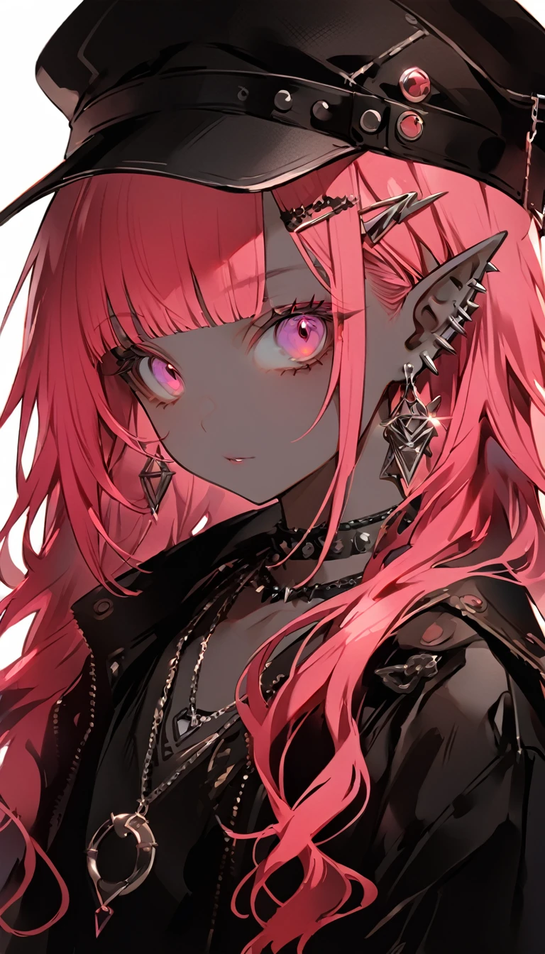 an anime girl with pink hair, black skin, and hat with spikes, jewelry, 1girl, pink hair, solo, long hair, hat, earrings, black headwear, looking at viewer, pink eyes, necklace, upper body, hair ornament, simple background, hairclip, white background, bangs