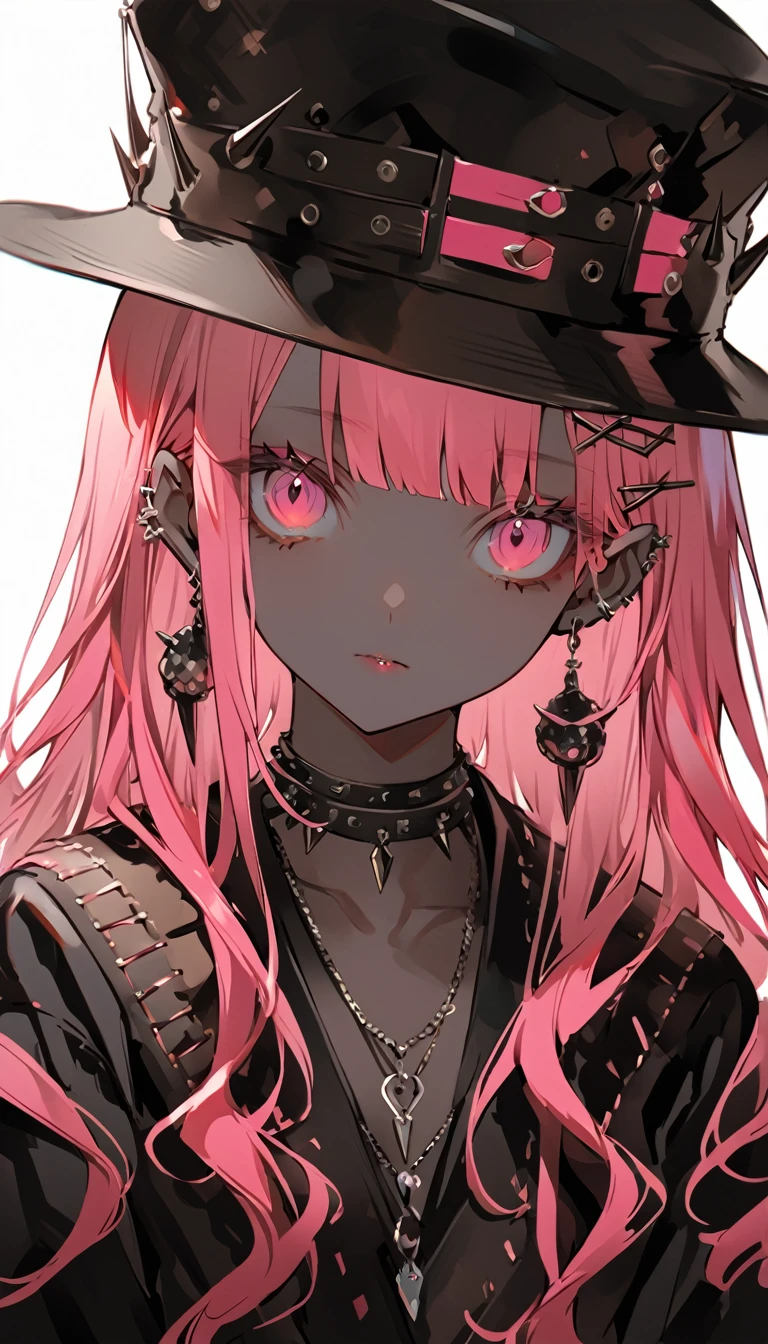 an anime girl with pink hair, black skin, and hat with spikes, jewelry, 1girl, pink hair, solo, long hair, hat, earrings, black headwear, looking at viewer, pink eyes, necklace, upper body, hair ornament, simple background, hairclip, white background, bangs