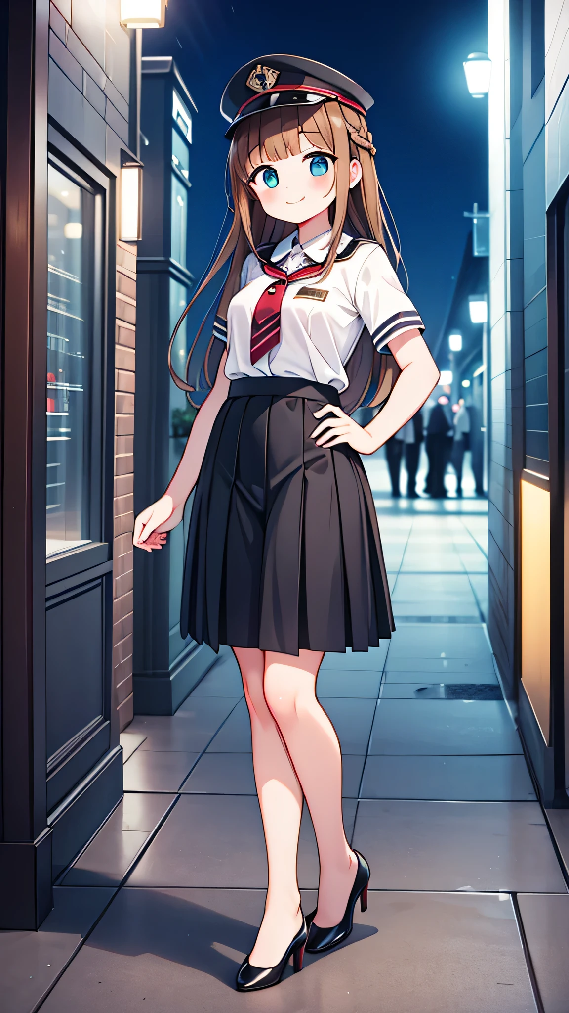 {Highest quality], [Super beautiful], [Ultra fine], [Best illustration], NSFW,Brown Hair, Hime cut,Braid, Long Hair, With bangs, girl, Uniform cap,Security uniform, smile, blush, Slender women,Short sleeve,Long straight skirt, Adult women,Strike a Pose,(Public）In the city at night,diagonal,Bare feet and pumps, Plain black pumps