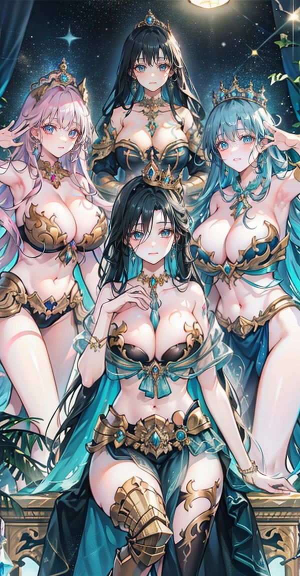 Group of 5 princesses,(6 young women,many young women), (in the bedroom), Various hair styles, harem,(shiny armor, Beautiful crowns and jewelry,crystal filigree jewelry), at night, detailed face, big breasts,Breast curtain, long skirt, mule, Sleeveless , Show your armpits, at night, starry at night,(large areolae:1.4,pink,The nipples are clearly visible....),(Various poses),(no bra), Highest quality、Highest picture quality、Masterpiece